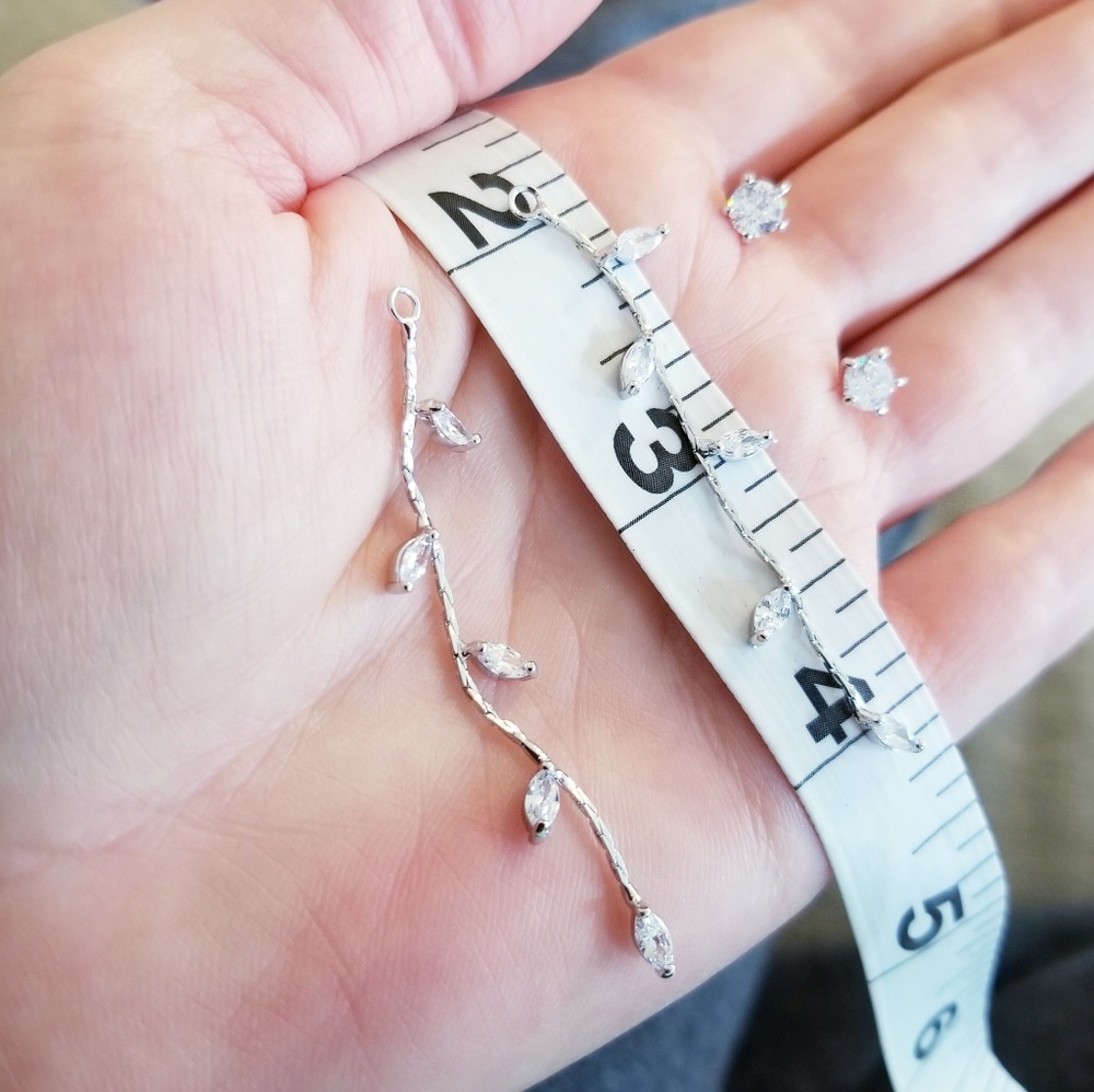 .925 Sterling Silver CZ Long Chain Leaf Studs - Picture 3 of 5